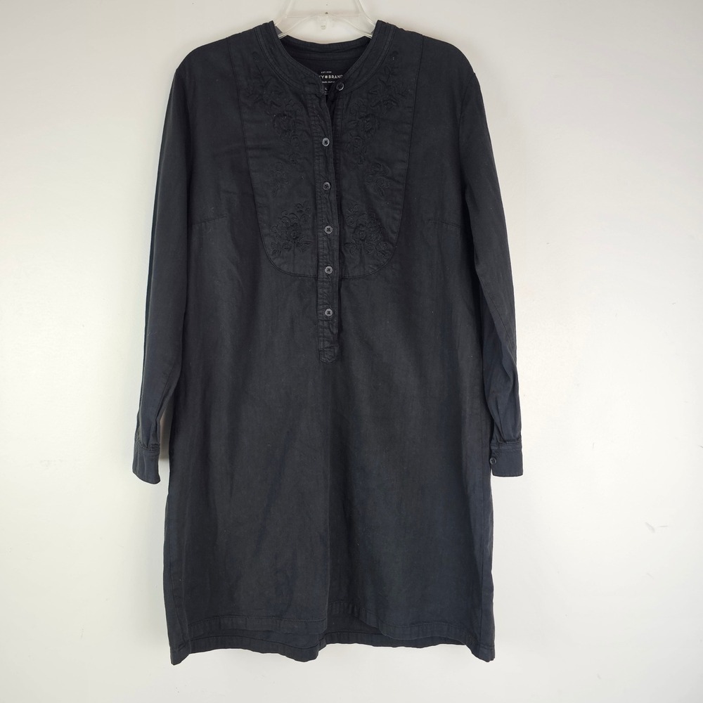 Lucky Brand Black Cotton Embroidered Bib Shirt Dress Long Sleeve Large